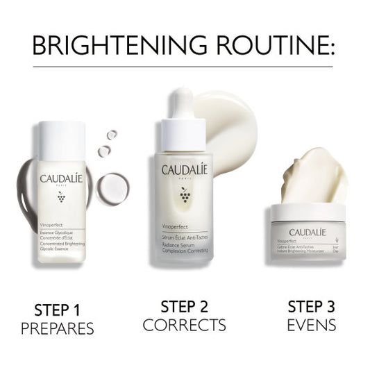 Caudalie Vinoperfect Brightening Solution Set featuring skincare bottles and products for radiant, even-toned skin.