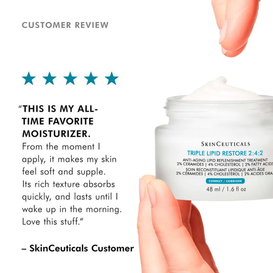 SkinCeuticals Triple Lipid Restore 2:4:2 moisturizer jar, 48ml, showing the skincare product in a sleek container.