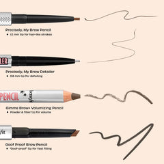 Benefit Precisely, My Brow Detailer waterproof eyebrow pencil in various shades, shown with a close-up of the pencil tip and packaging.