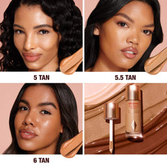 Charlotte Tilbury Hollywood Flawless Filter in Deep NIB, close-up showing the luminous liquid foundation and highlighter in a sleek bottle.