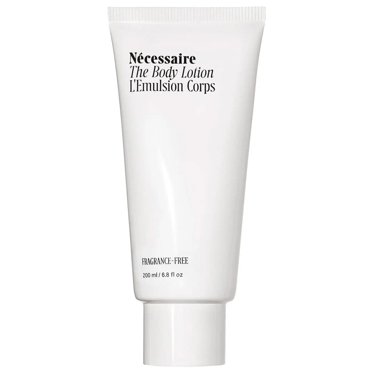 Nécessaire The Body Lotion firming moisturizer in a 200ml bottle, with a sleek, minimalist design and label visible.