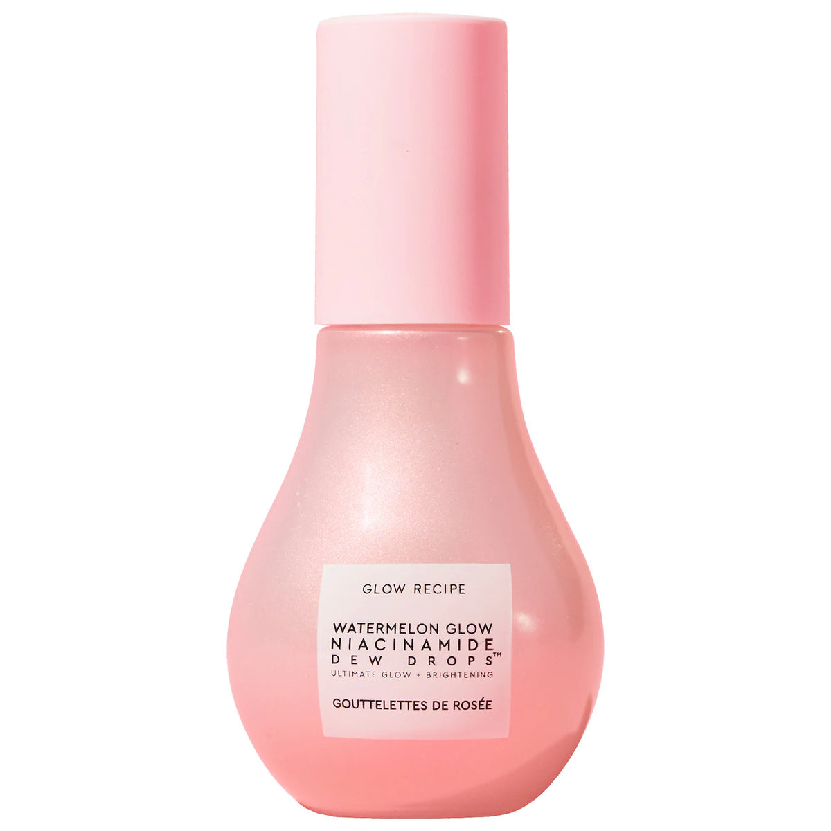 Glow Recipe Watermelon Glow Niacinamide Dew Drops serum bottle with pink and clear packaging, showcasing its vibrant design.