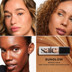 Saie Glowy Super Gel in various shades, featuring a luminous, lightweight gel formula for radiant skin, shown in close-up.
