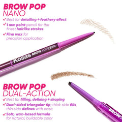 Kosas Brow Pop dual-action eyebrow pencil in various shades, featuring a filling and shaping tool with a sleek design.