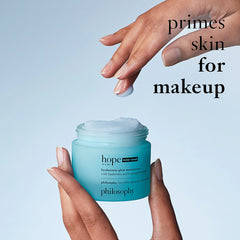 Zoomed-in image of Philosophy Hope in a Jar Hyaluronic Glow Moisturizer bottle, showcasing the product's sleek design and label.
