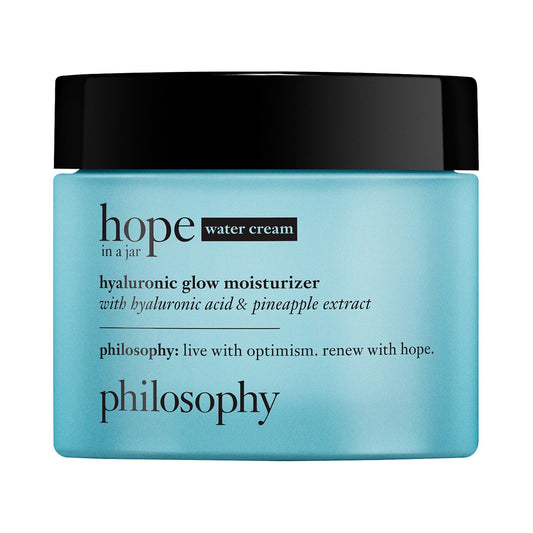 Philosophy Hope in a Jar Hyaluronic Glow Moisturizer jar with a white lid and clear packaging, showcasing the hydrating skincare product.