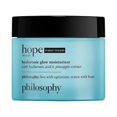 Philosophy Hope in a Jar Hyaluronic Glow Moisturizer jar with a white lid and clear packaging, showcasing the hydrating skincare product.