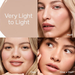 Saie Hydrabeam hydrating under eye brightener in multiple shades, with a close-up of the sleek compact and product inside.