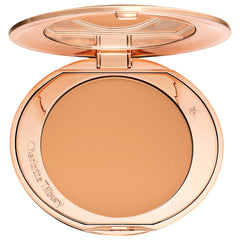 Charlotte Tilbury Airbrush Flawless Finish Setting Powder in 3 Tan, new in box, showing the compact with powder inside.