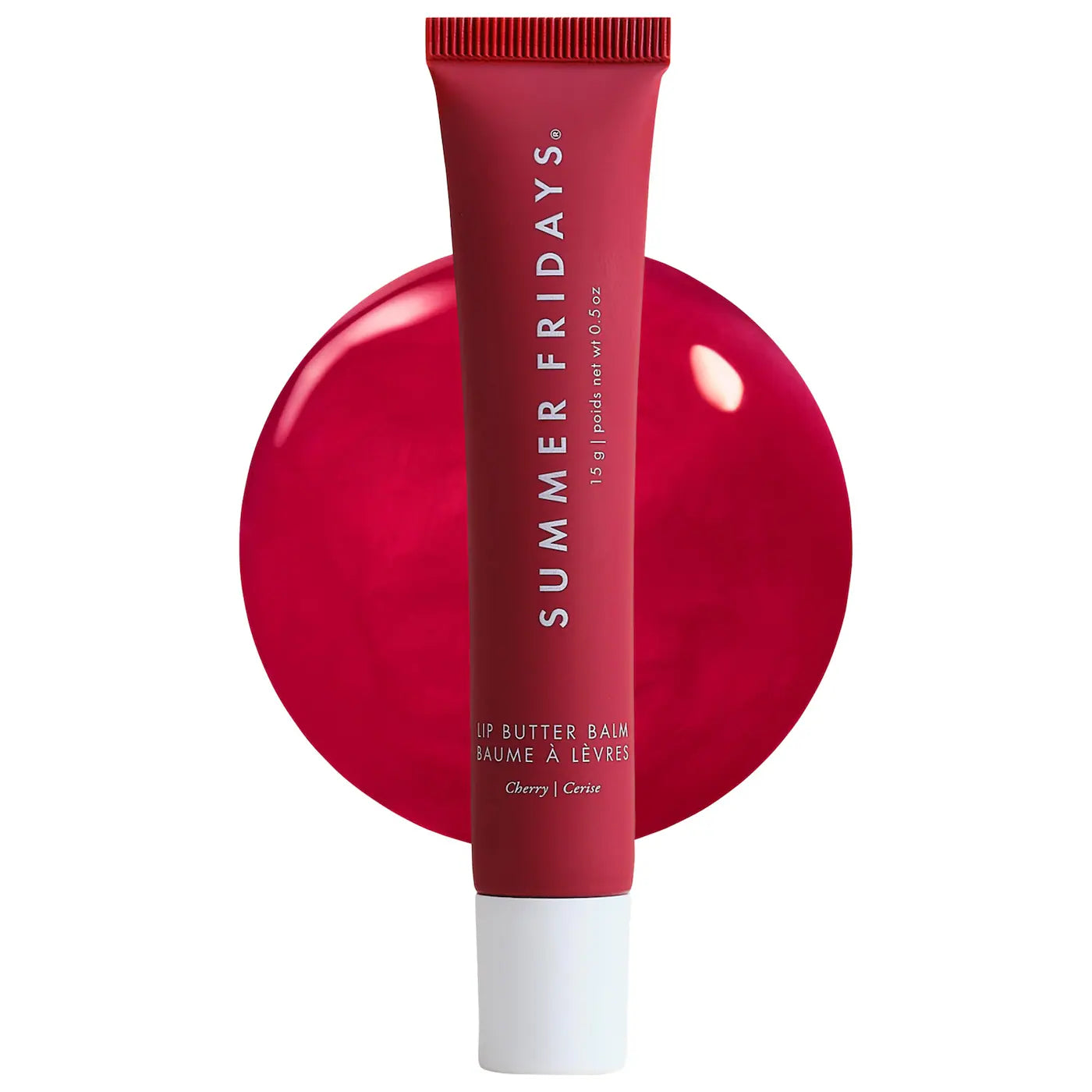 Summer Fridays Cherry Lip Butter Balm showing a close-up of the balm and cherry-flavored packaging for soft, moisturized lips.