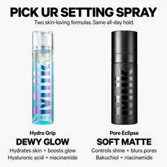 Milk Makeup Pore Eclipse mattifying and blurring transfer-proof setting spray in a clear bottle with a pump nozzle.
