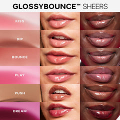 Saie Glossybounce high-shine hydrating lip gloss oil in multiple shades, with a glossy finish and smooth applicator visible.