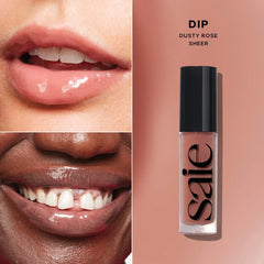 Saie Glossybounce™ High-Shine Hydrating Lip Gloss Oil in various shades, featuring a glossy finish and smooth application.