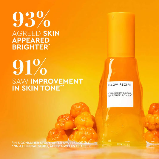 Glow Recipe Cloudberry Bright Essence Toner 75ml bottle, brightening skincare product with a clear, sleek design and vibrant label.