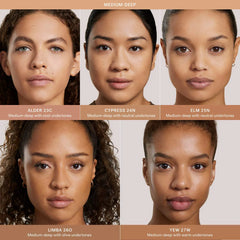 Ilia Skin Rewind blurring foundation and concealer complexion stick in various shades, shown with the product packaging.