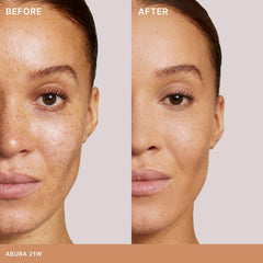 ILIA Skin Rewind Blurring Foundation and Concealer Stick in various shades, displayed with the product packaging and swatches.