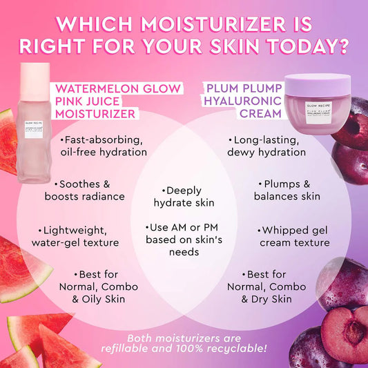 Glow Recipe Watermelon Pink Juice oil-free moisturizer in a refillable container, showcasing its fresh, pink packaging and sleek design.