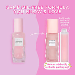 Glow Recipe Watermelon Pink Juice Oil-Free Refillable Moisturizer bottle with pink liquid and packaging details visible.