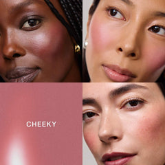 Merit Flush Balm Cream Blush in various shades, natural makeup look, close-up of the compact and smooth blush application