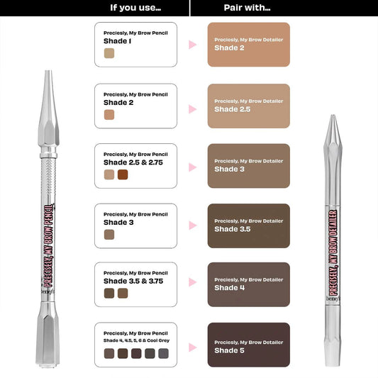 Benefit Precisely My Brow Detailer waterproof eyebrow pencil in various shades, featuring a microfine tip for precise brow definition.