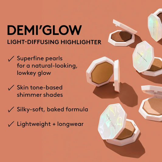 Fenty Beauty Demi'Glow Light-Diffusing Highlighter in various shades, showcasing the shimmering compact with a smooth, luminous finish.