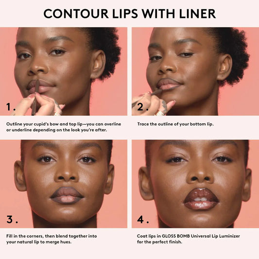 Fenty Beauty Trace'd Out Waterproof Lip Liner pencil in various shades, featuring a close-up of the longwear, smudge-proof design.