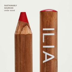 Close-up of Ilia Lip Sketch Hydrating Lipstick and Lip Liner Crayon in various shades, showing their creamy texture and vibrant colors.