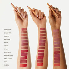 Ilia Lip Sketch hydrating lipstick and lip liner crayon in various shades, shown with swatches and product packaging.