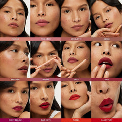 Ilia Lip Sketch hydrating lipstick and lip liner crayon in various shades, showing the sleek packaging and color options.