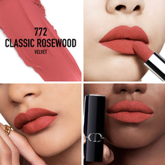 Refillable Dior Rouge Dior lipstick in satin and matte shades, new in box, showcasing elegant packaging and color variety.