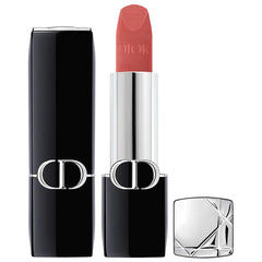 Refillable Dior Rouge Dior lipstick in satin and matte shades, new in box, shown with open packaging and vibrant color options.