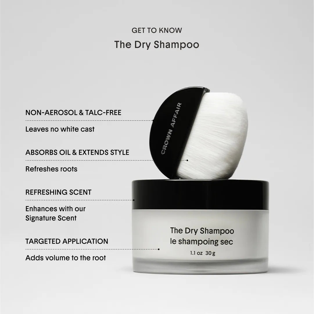 Crown Affair Dry Shampoo 30g beauty product in a compact container, designed to refresh and absorb oil from hair.