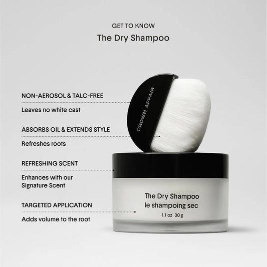 Crown Affair Dry Shampoo 30g beauty product in a compact container, designed to refresh and absorb oil from hair.