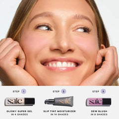 Saie Glowy Super Gel in various shades showing a close-up of the luminous, lightweight gel formula with a smooth, radiant finish.