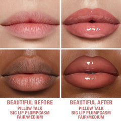 Charlotte Tilbury Big Lip Plumpgasm plumping lip gloss in a sleek tube, with a glossy finish and vibrant color.
