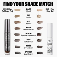 Milk Makeup Kush High Roll defining eyebrow gel in various shades, showing a close-up of the product tube with brush applicator.