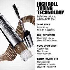 Milk Makeup Kush High Roll eyebrow gel in various shades, featuring a sleek tube and applicator brush for defining eyebrows.