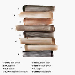 Milk Makeup Kush High Roll tubing eyebrow gel in multiple shades, with a close-up of the product tube and brush applicator.
