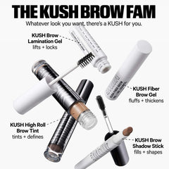 Close-up of Milk Makeup Kush High Roll Defining Eyebrow Gel tube in various shades, showing the product's sleek packaging and color options.