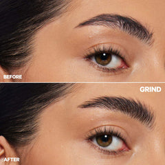 Milk Makeup Kush High Roll defining tubing eyebrow gel in various shades, with a close-up view of the product tube and applicator.