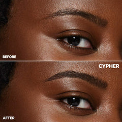 Milk Makeup Kush High Roll defining tubing eyebrow gel in various shades, with a close-up of the product brush and packaging.