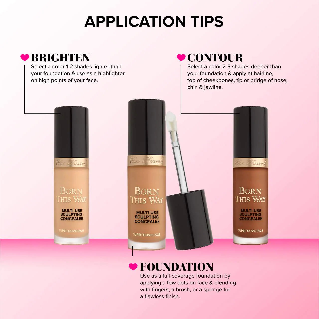 Too Faced Born This Way Super Coverage Concealer in various shades, new in box, displayed with packaging and applicator.