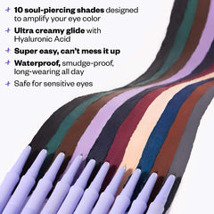 Kosas Soulgazer waterproof gel eyeliner in various shades, showcasing smooth application and vibrant color on a clean background.