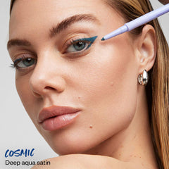 Kosas Soulgazer waterproof gel eyeliner in various shades, showing the smooth, intense application on the eye with a sleek finish.
