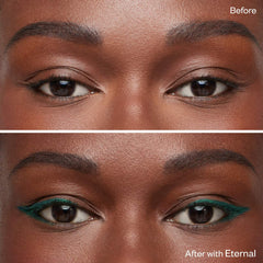 Kosas Soulgazer waterproof gel eyeliner in various shades, showing the sleek black packaging and open tip with creamy texture.