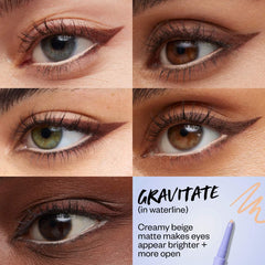 Kosas Soulgazer waterproof gel eyeliner in various shades, showing the sleek black packaging and open application tip.