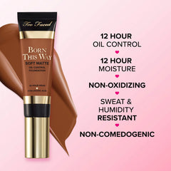 Two shades of Too Faced Born This Way Soft Matte Foundation in unopened bottles, featuring sleek packaging and product labels.