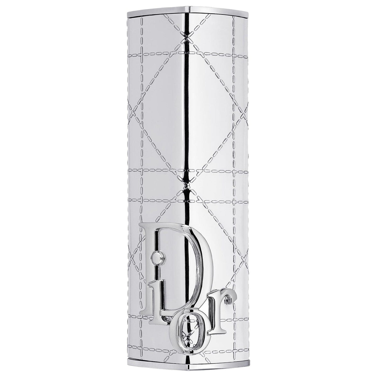 Silver Dior Addict Shine lipstick case with cannage pattern, new in box, featuring elegant, luxurious design from Dior beauty collection.