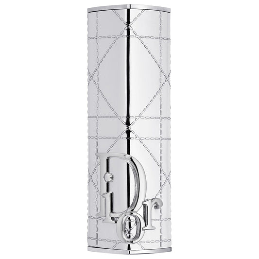 Silver Dior Addict Shine lipstick case with cannage pattern, new in box, featuring elegant, luxurious design from Dior beauty collection.