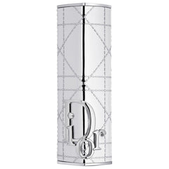 Silver Dior Addict Shine lipstick case with cannage pattern, new in box, featuring elegant, luxurious design from Dior beauty collection.